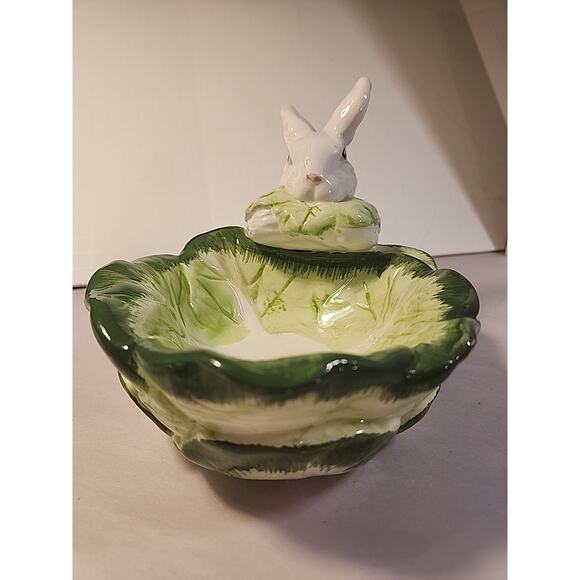 Dept 56 Ceramic Bunny Rabbit Cabbage Lettuce Candy Dish Bowl - Picture 2 of 9